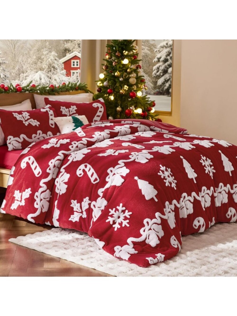 Cozy Red Fleece Queen Comforter Set for Winter & Christmas, Fluffy Bedding